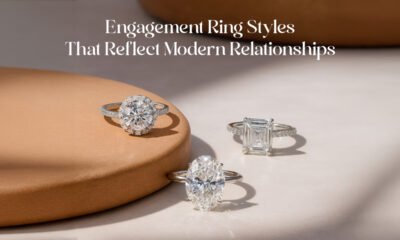 Modern lab grown diamond engagement ring styles featuring halo, solitaire, and emerald-cut lab grown diamond rings
