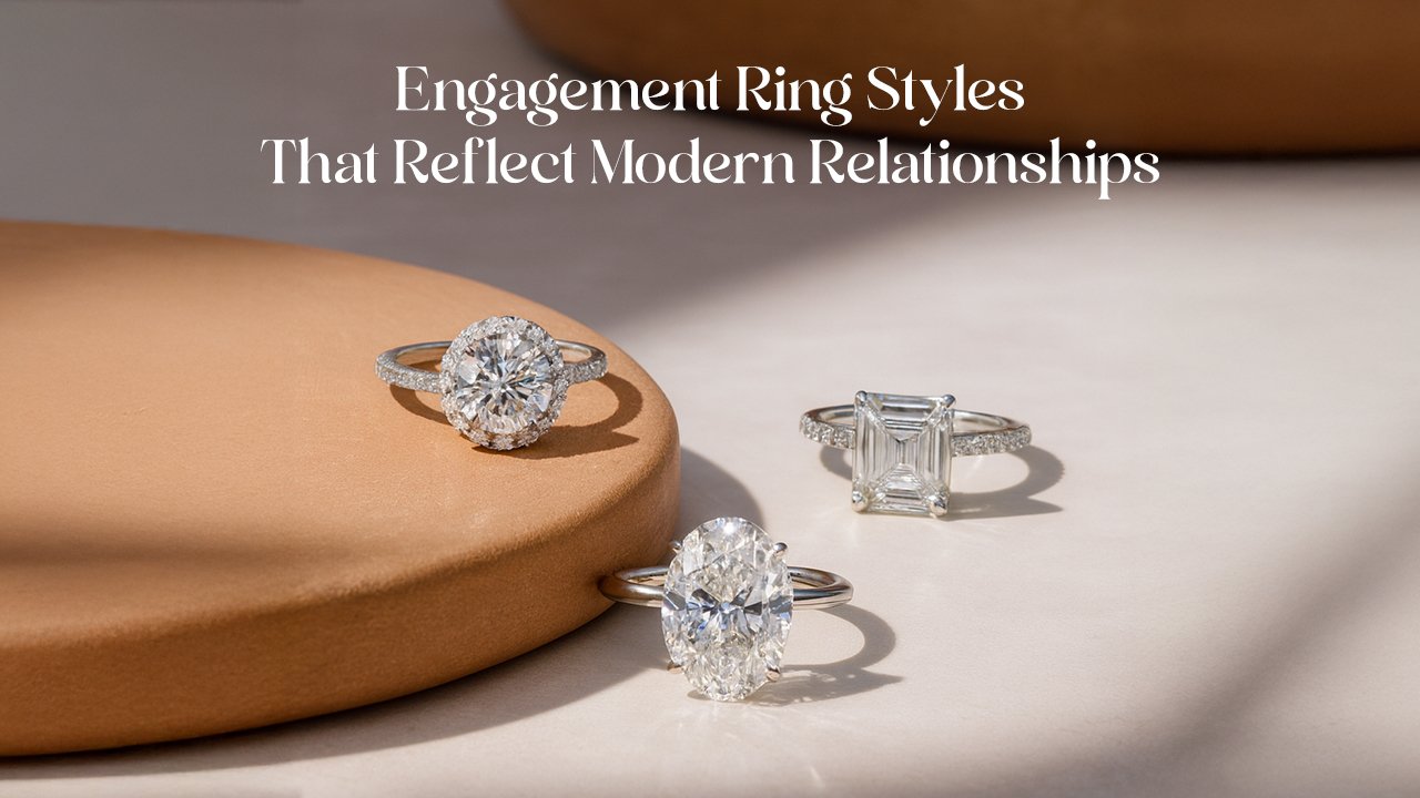 Modern lab grown diamond engagement ring styles featuring halo, solitaire, and emerald-cut lab grown diamond rings