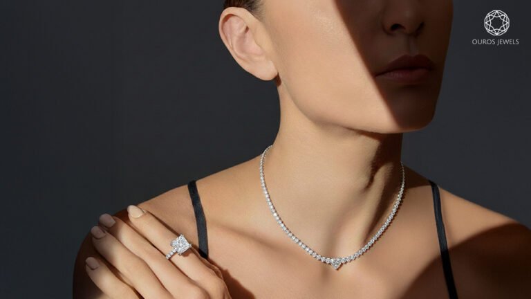 Model wearing lab grown diamond necklace and ring, representing the modern shift in the diamond jewelry market