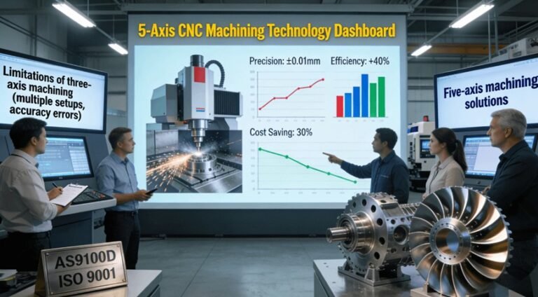 5-axis CNC machining technology comparison for aerospace parts showing 40% efficiency improvement and 30% cost savings over traditional 3-axis methods