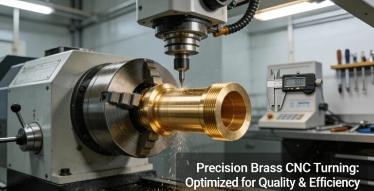 A high-precision CNC lathe machining a brass component in a clean industrial environment, showcasing the process of brass CNC turning with quality control tools and professional lighting.